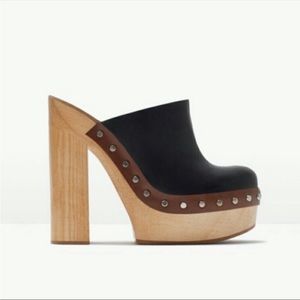ZARA Black Leather Wooden Platform Studded Clog EU38